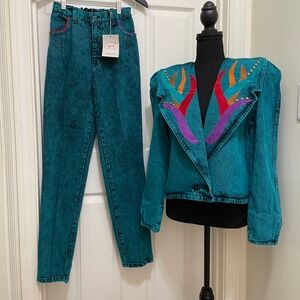Vintage Opal Denim‎ Set Jeans & Jacket Turquoise Acid Wash 80s 90s Leather NWT